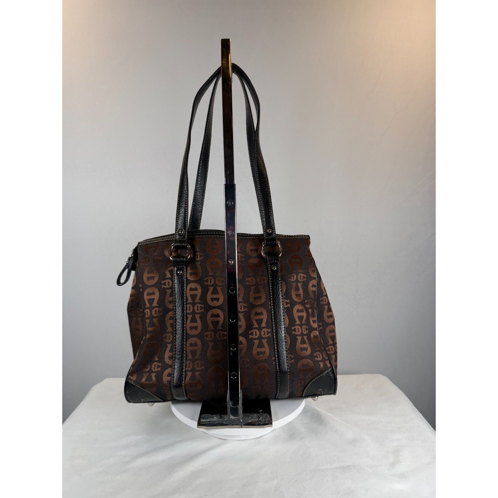 Etienne Aigner Brown Monogram Canvas Tote Leather Trim Shoulder Bag Medium - Picture 6 of 9